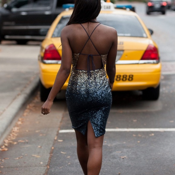 COCKTAIL STRAPPY BACKLESS NAVY TO GOLD OMBRE SEQUIN MINI DRESS - Picture 3 of 11